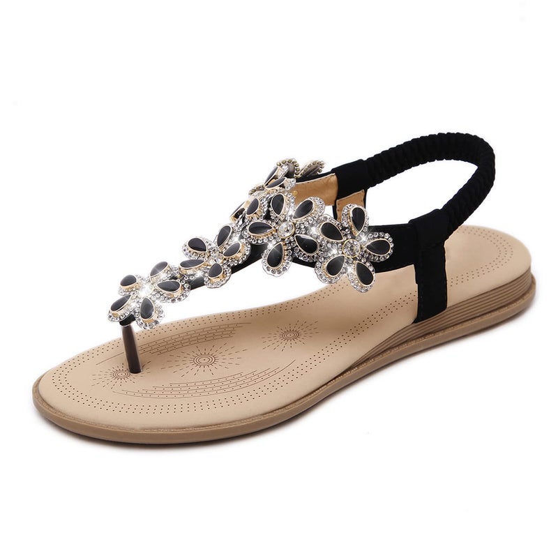 iCKER Women Rhinestone Sandals T-Strap Buckle Bohemian Pearl Crystal Flat Sandals-929-Black-8.5 - Image 1